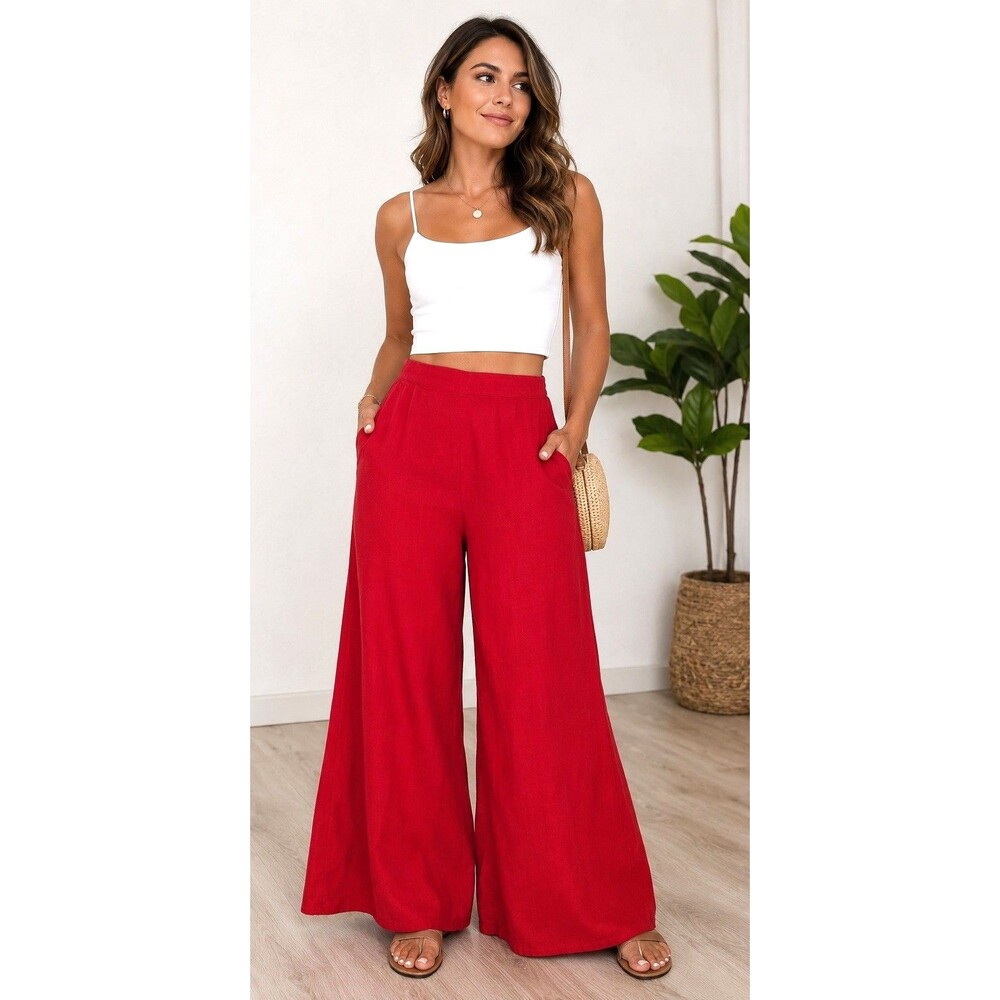 Midnight Sun Red Wide Leg Palazzo Pants Linen Look Elastic Waist Pockets M